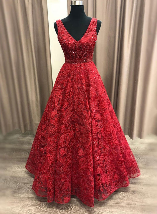 Pretty Burgundy Beading V-neck Red Lace Long Prom Dresses Prom Gowns