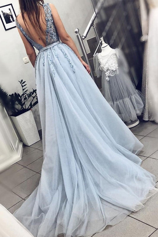 Pretty Beading Lace V-neck Open Back Charming Princess Prom Dresses