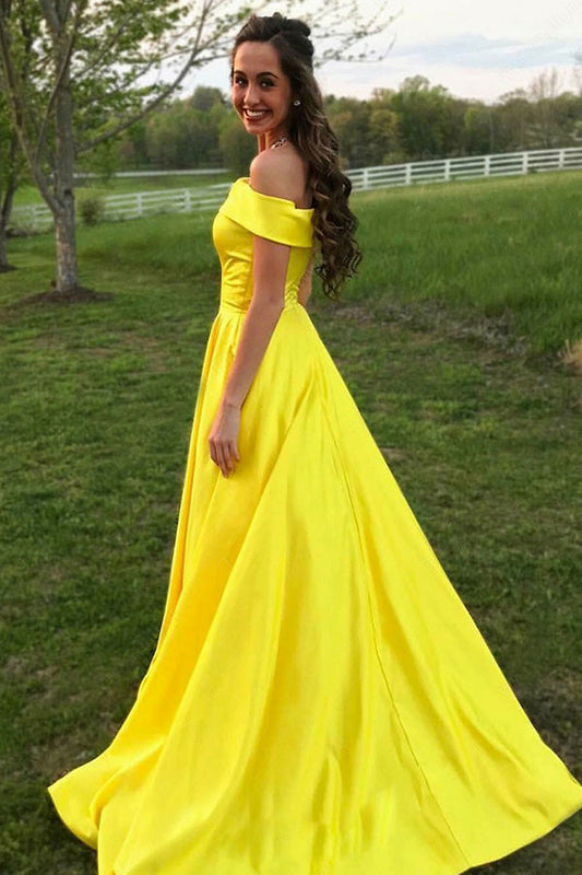 Pretty Simple A-line Yellow Satin Long Prom Dresses For Teens Party Dresses With Pockets