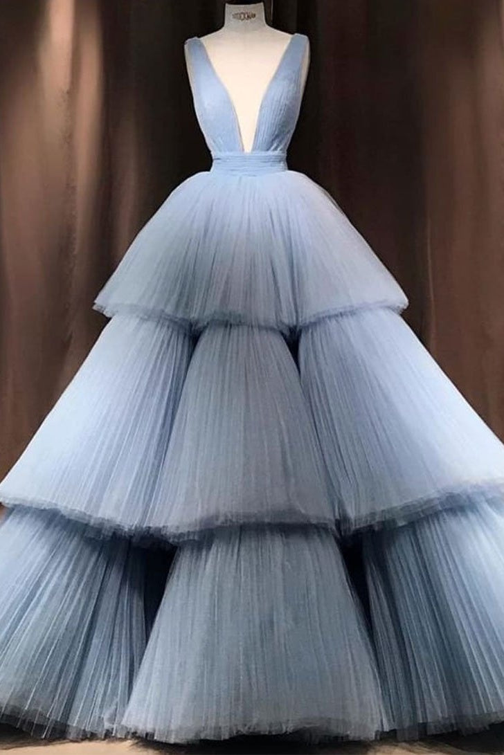 Modest Ball Gown Long V-neck Light Blue Princess Prom Dresses Quinceanera Dresses