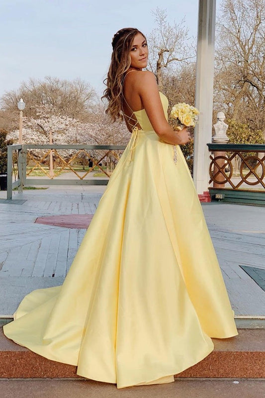 Spaghetti Straps Backless Long Yellow Satin Prom Dresses With Pockets