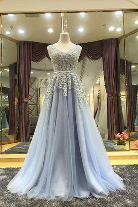 Princess A Line V Neck Floor Length Tulle V Back Appiquins Evening Dresses