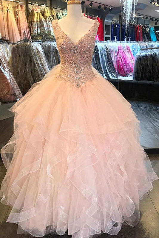 Luxury V-Neck Ruffles Sequin Beads Tulle Floor-Length Wedding Gowns