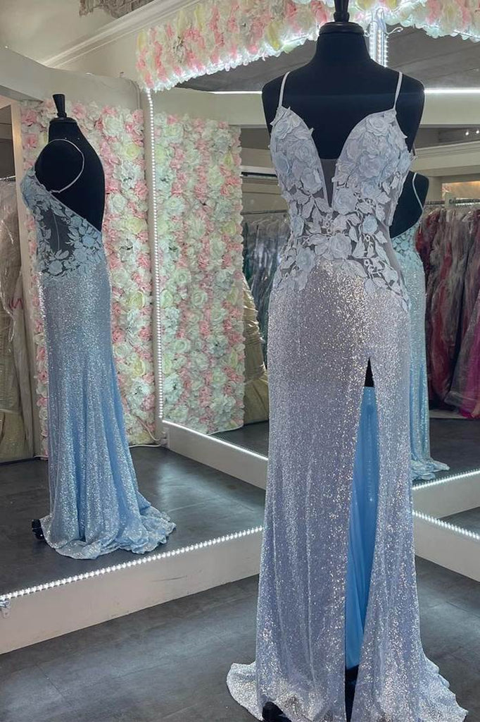 Straps Light Blue Elegant Sheath Evening Dresses Sequins Appliques Long Prom Dresses