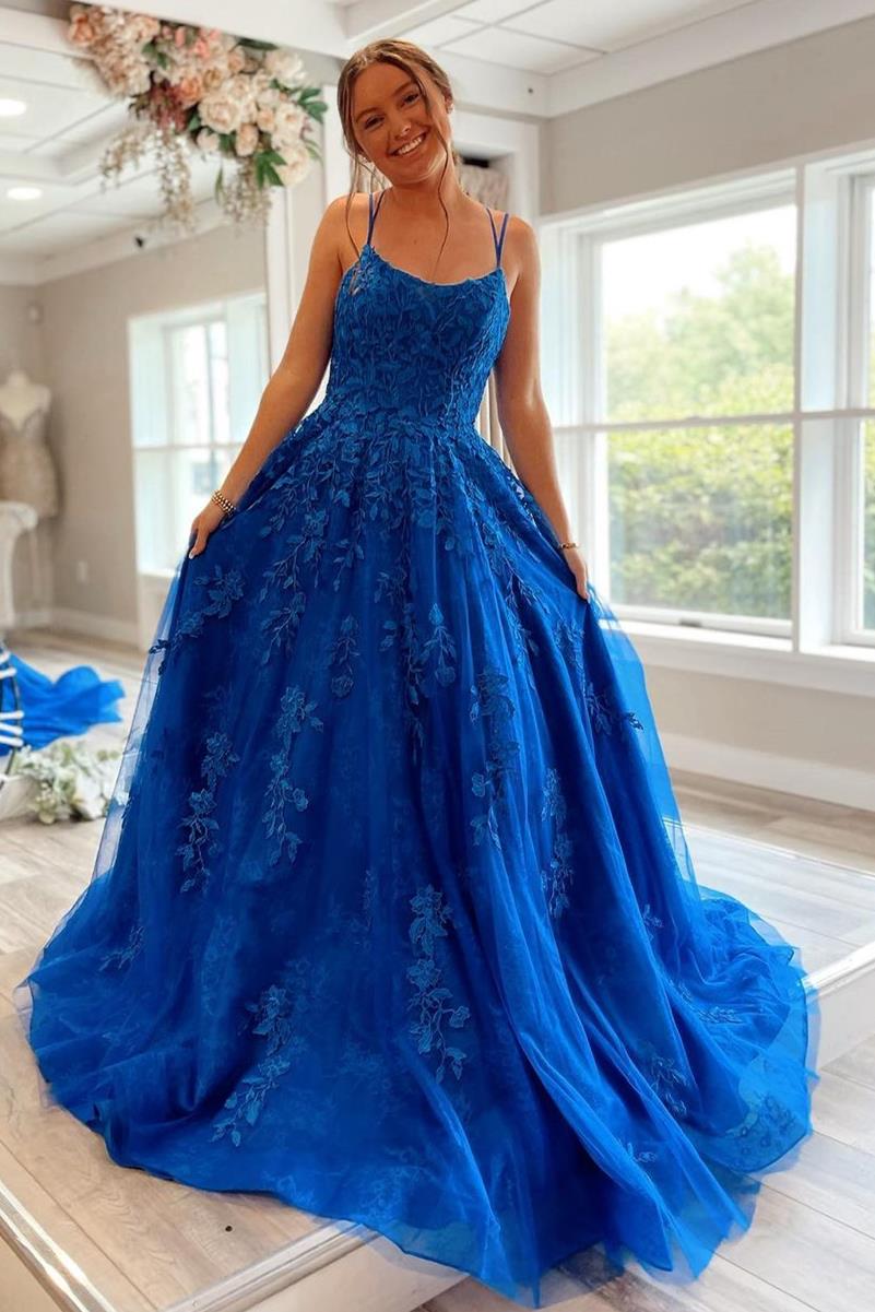 Princess A Line Lace Appliques Royal Blue Tulle Long Formal Dresses Prom Dresses