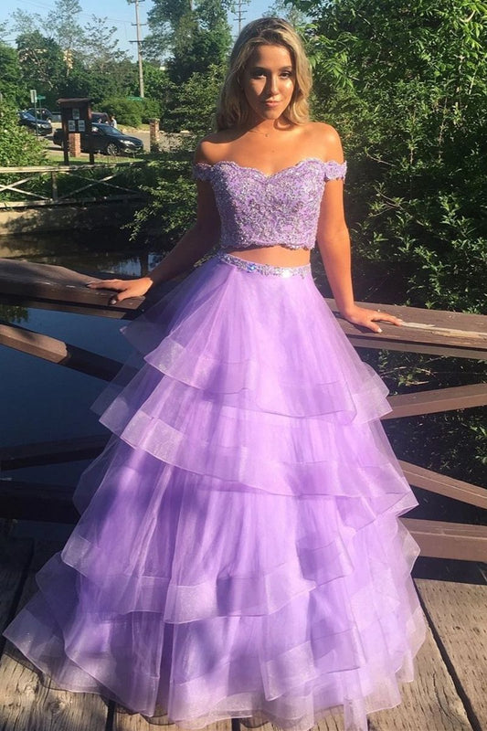 Wisteria Off Shoulder Lace Appliques Two Pieces Long A-Line Prom Dresses