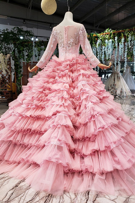 Beautiful Long Sleeves Pink Princess Dresses Elegant Long Wedding Dresses