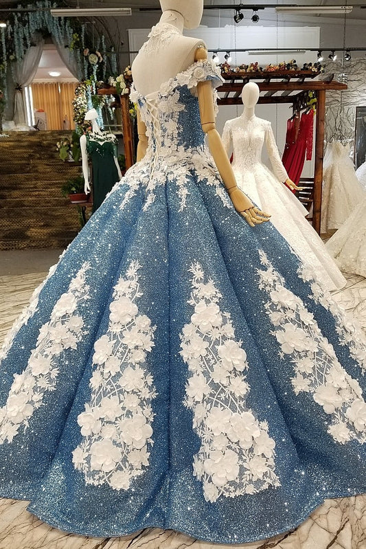 Glitter Blue Off The Shoulder Lace Up Long Ball Gown Wedding Dresses Princess Dresses