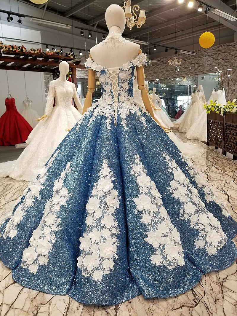 Glitter Blue Off The Shoulder Lace Up Long Ball Gown Wedding Dresses Princess Dresses