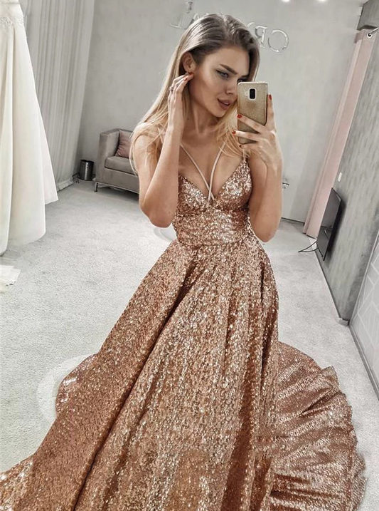 Sparkly A-line Straps V Neck Sequin Long Prom Dresses