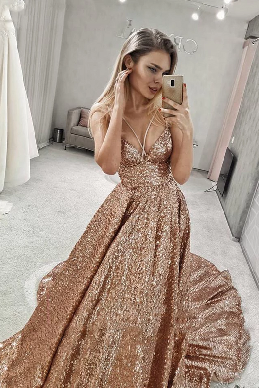 Sparkly A-line Straps V Neck Sequin Long Prom Dresses