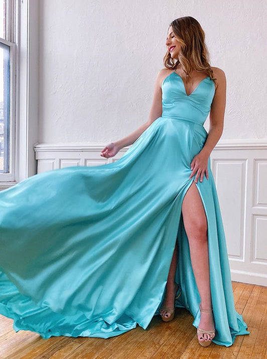 Blue Sleeveless A-line Spaghetti Straps Backless Long Prom Dresses