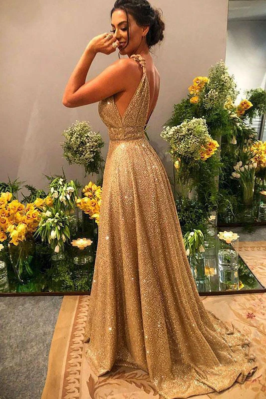 Sparkly Gold V Neck A-line Long Prom Dresses Evening Dresses