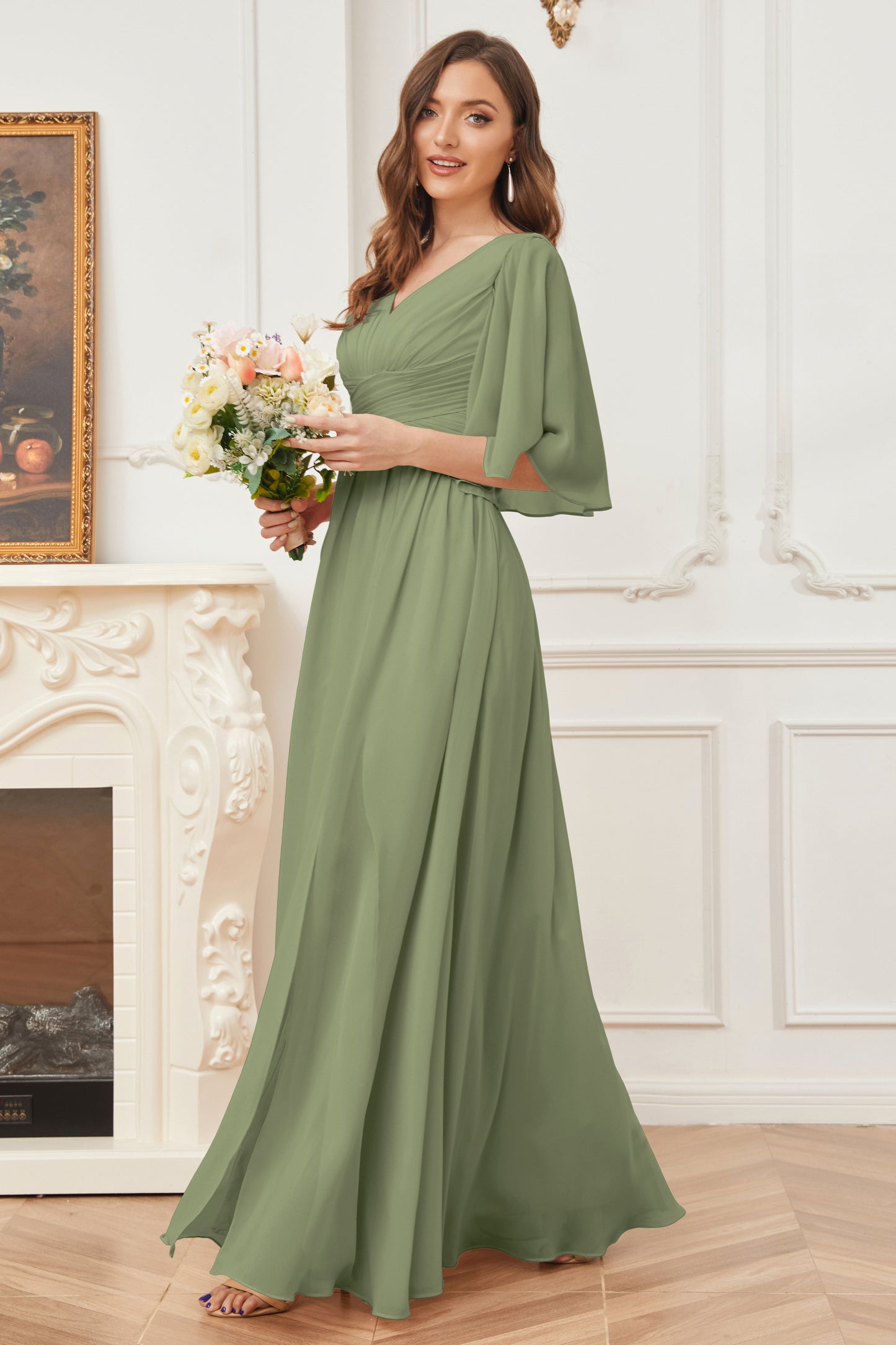 Half Sleeves V-neck Chiffon Bridesmaid Dresses