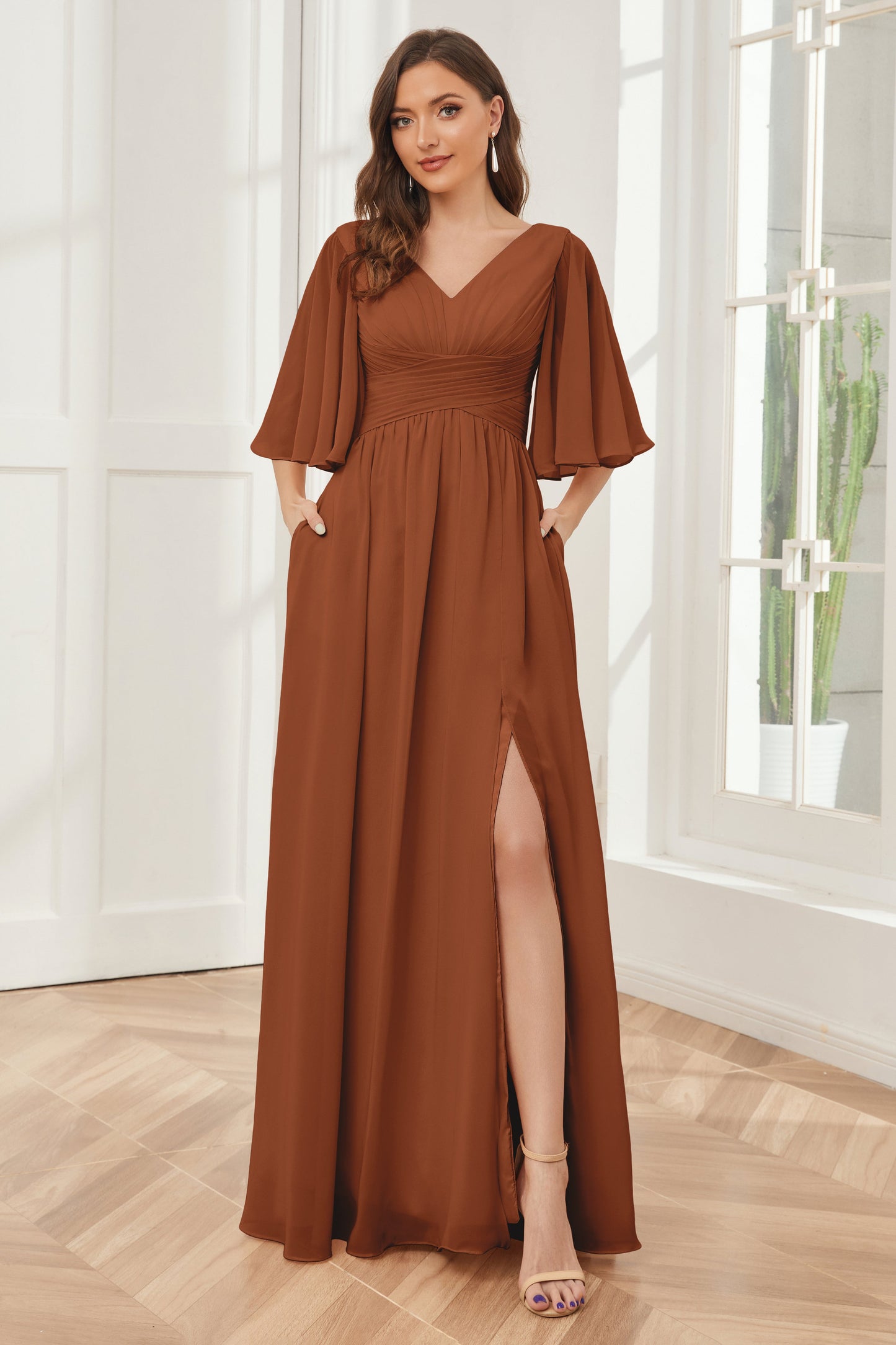 Half Sleeves V-neck Chiffon Bridesmaid Dresses