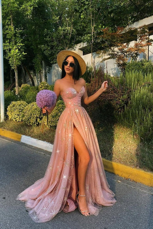 Pink Sweetheart A Line Beading Tulle Long Prom Dress With Split