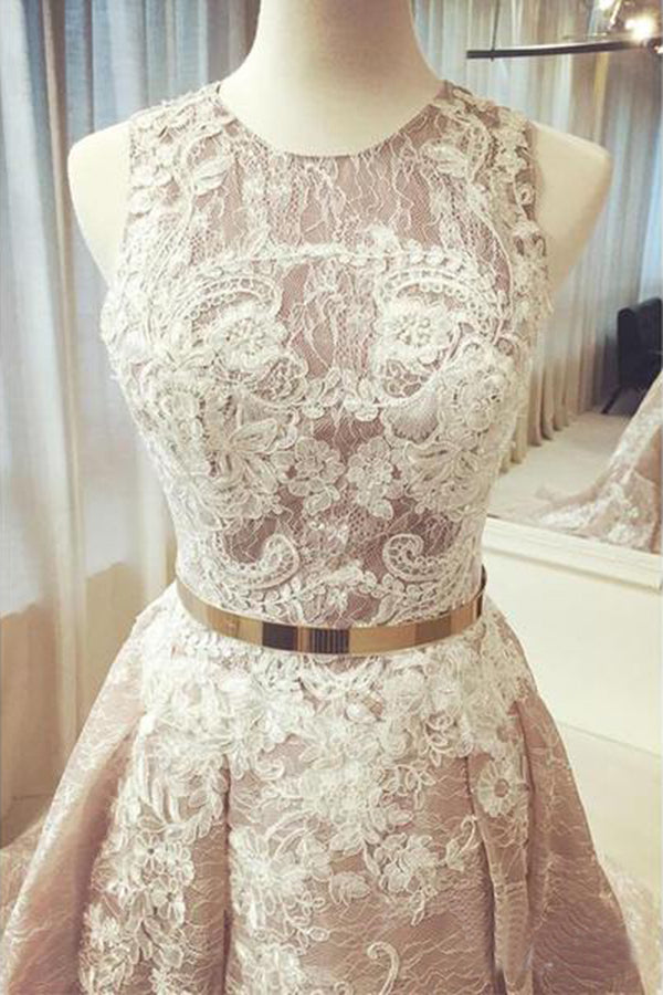 Gorgeous Round Neck Sleeveless Lace Prom Dresses Sweep Train with Appliques