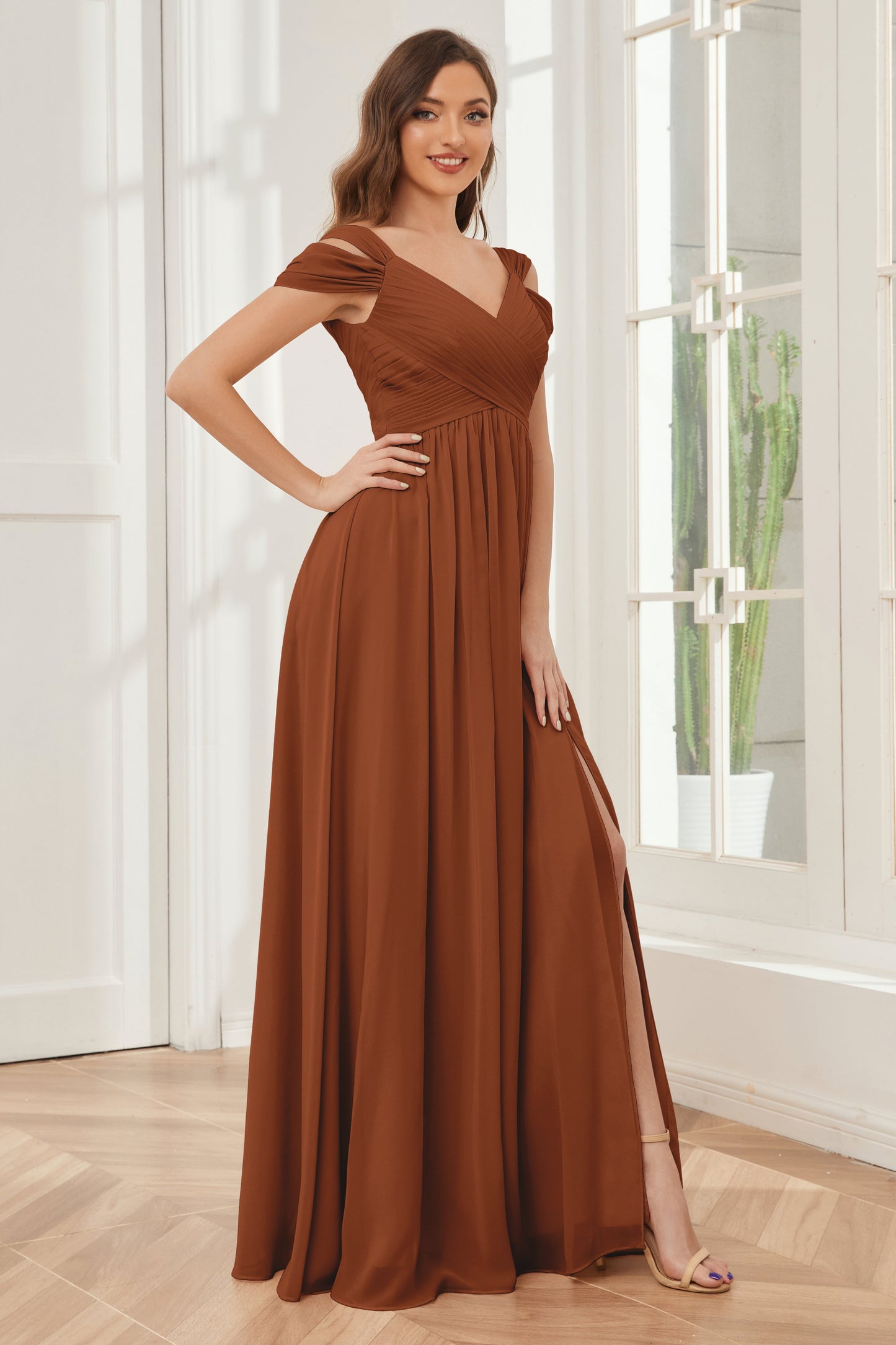 Off-the-Shoulder side Slit Empire Bridesmaid Dresses