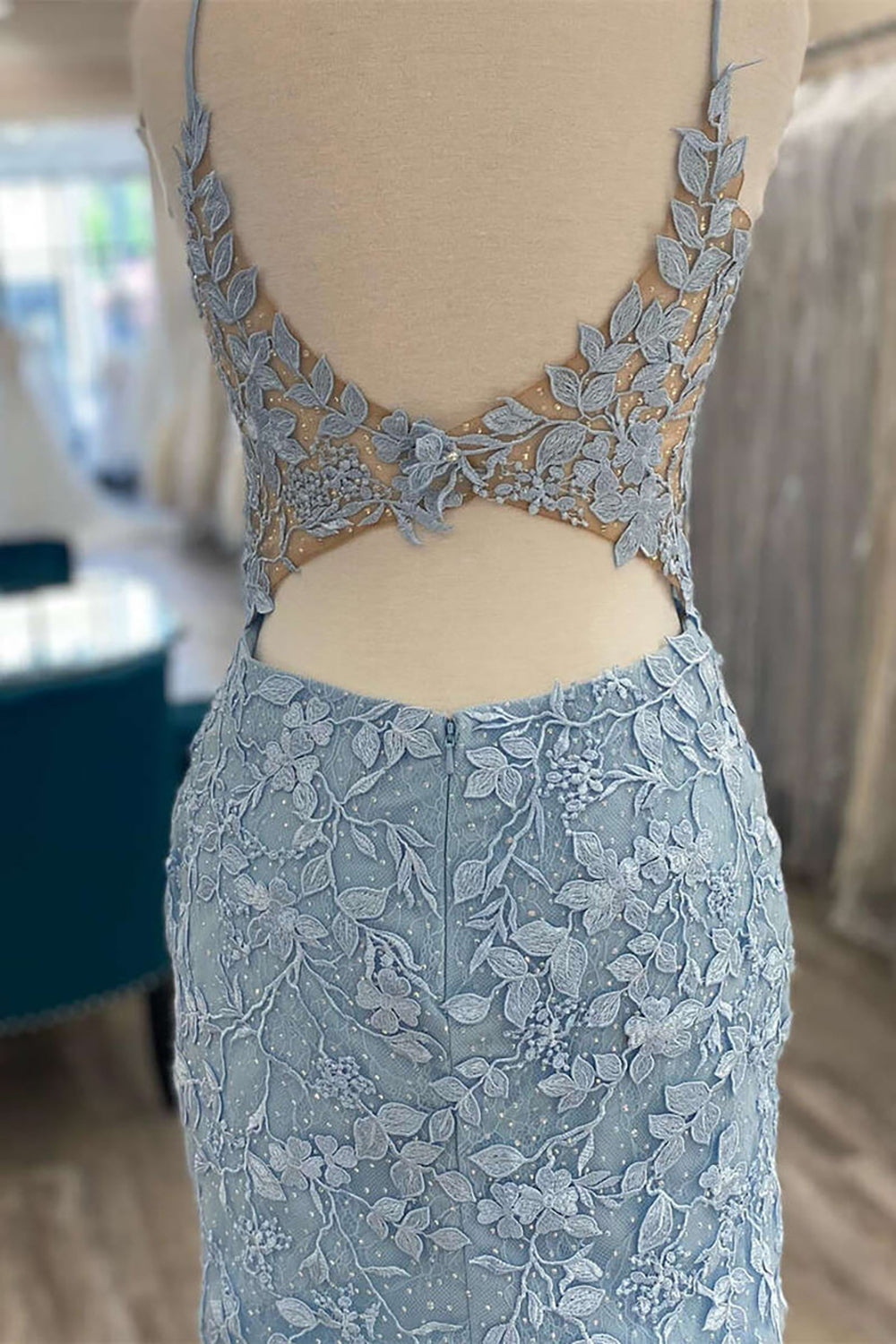 Cute Light Blue V Neck Lace Homecoming Dresses