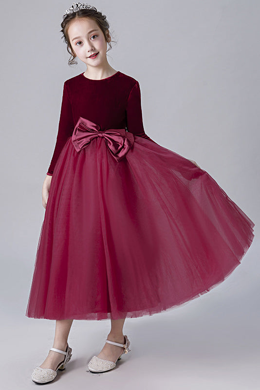 A Line Burgundy Long Sleeves Tulle Flower Girl Dresses