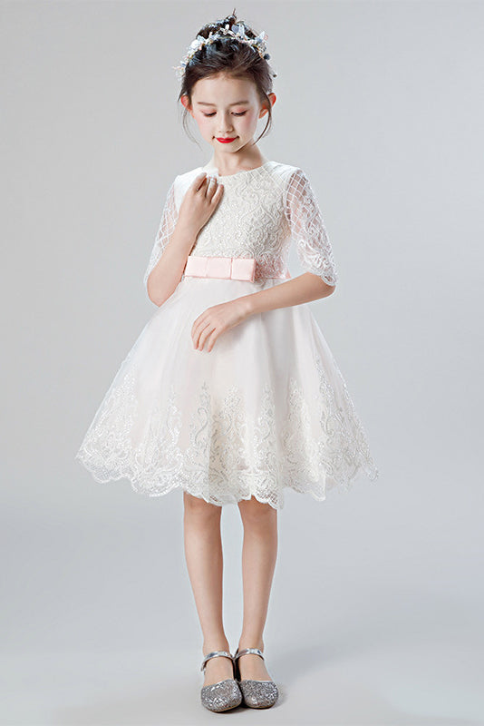 Elegant White Half Sleeves Lace Appliques Flower Girl Dresses