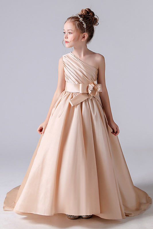 One shoulder Champagne Pleats Flower Girl Dresses With Flower Belt