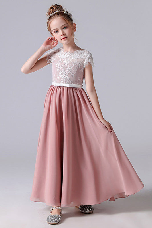 A Line Cap Sleeve Lace Appliques Chiffon Flower Girl Dresses