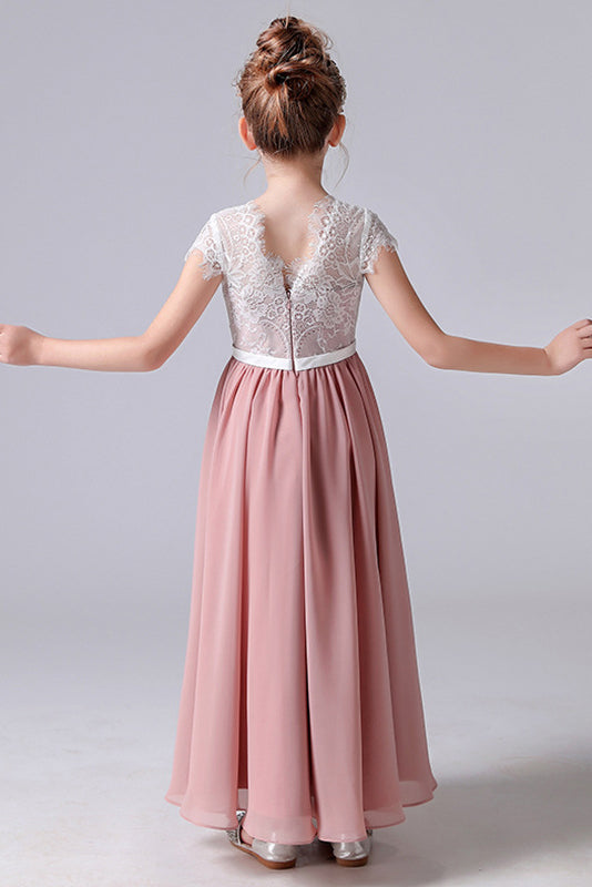 A Line Cap Sleeve Lace Appliques Chiffon Flower Girl Dresses