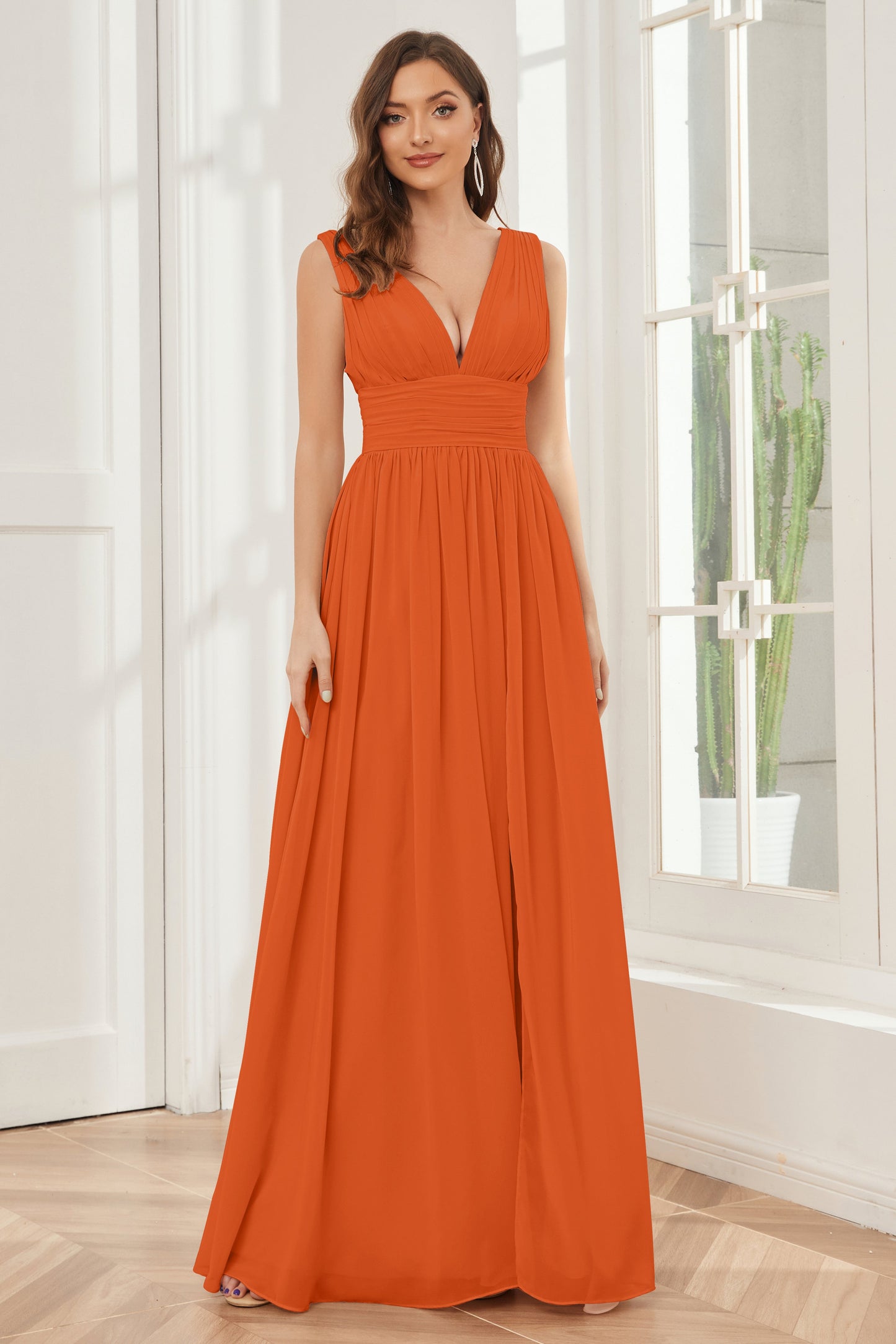 V-neck Split Chiffon Long Bridesmaid Dresses