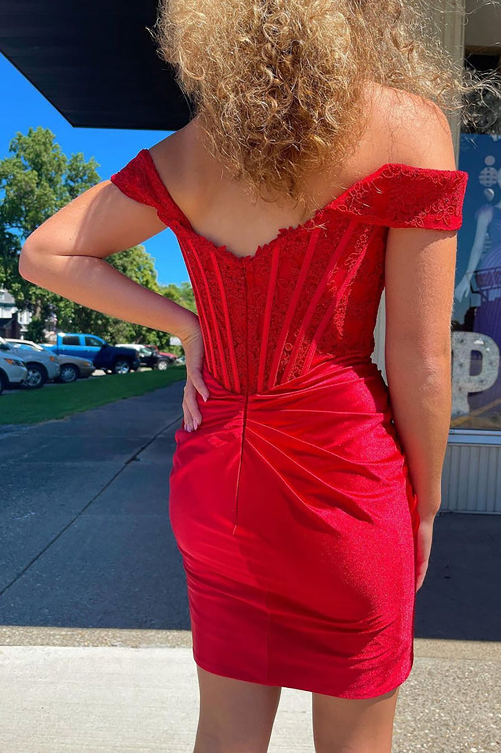 Cute Red Off the Shoulder Satin Homecoming Dresses with Lace