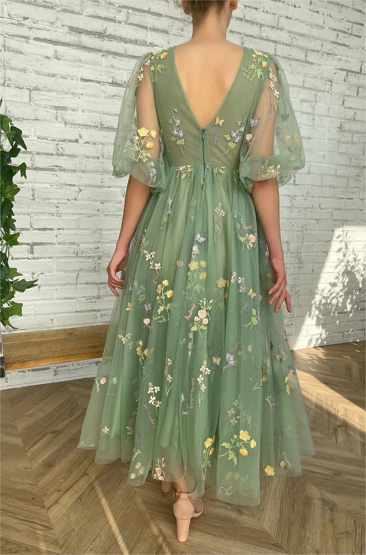 Flowy Green V-Neck Floral Lace Tea Length Prom Dress