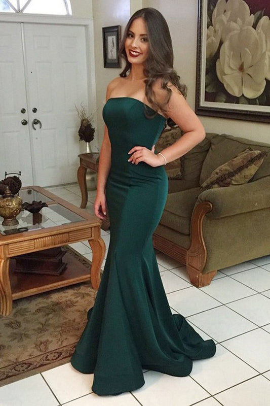 Elegant Green Strapless Sheath Sweep Train Mermaid Prom Dresses