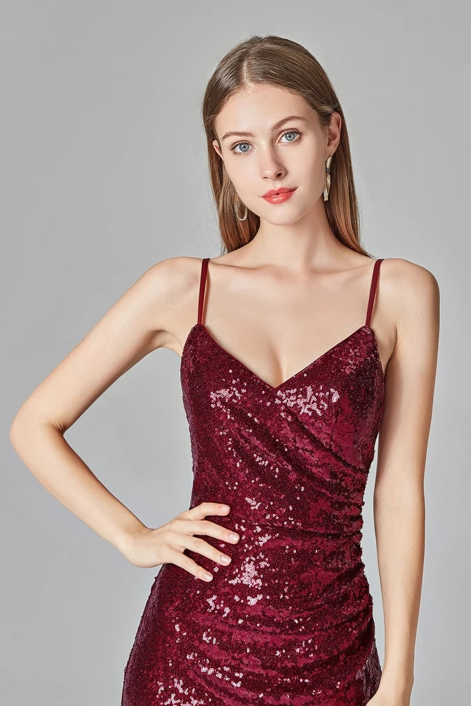 Affordable Simple Spaghetti Straps Long Burgundy Sparkly Prom Dresses