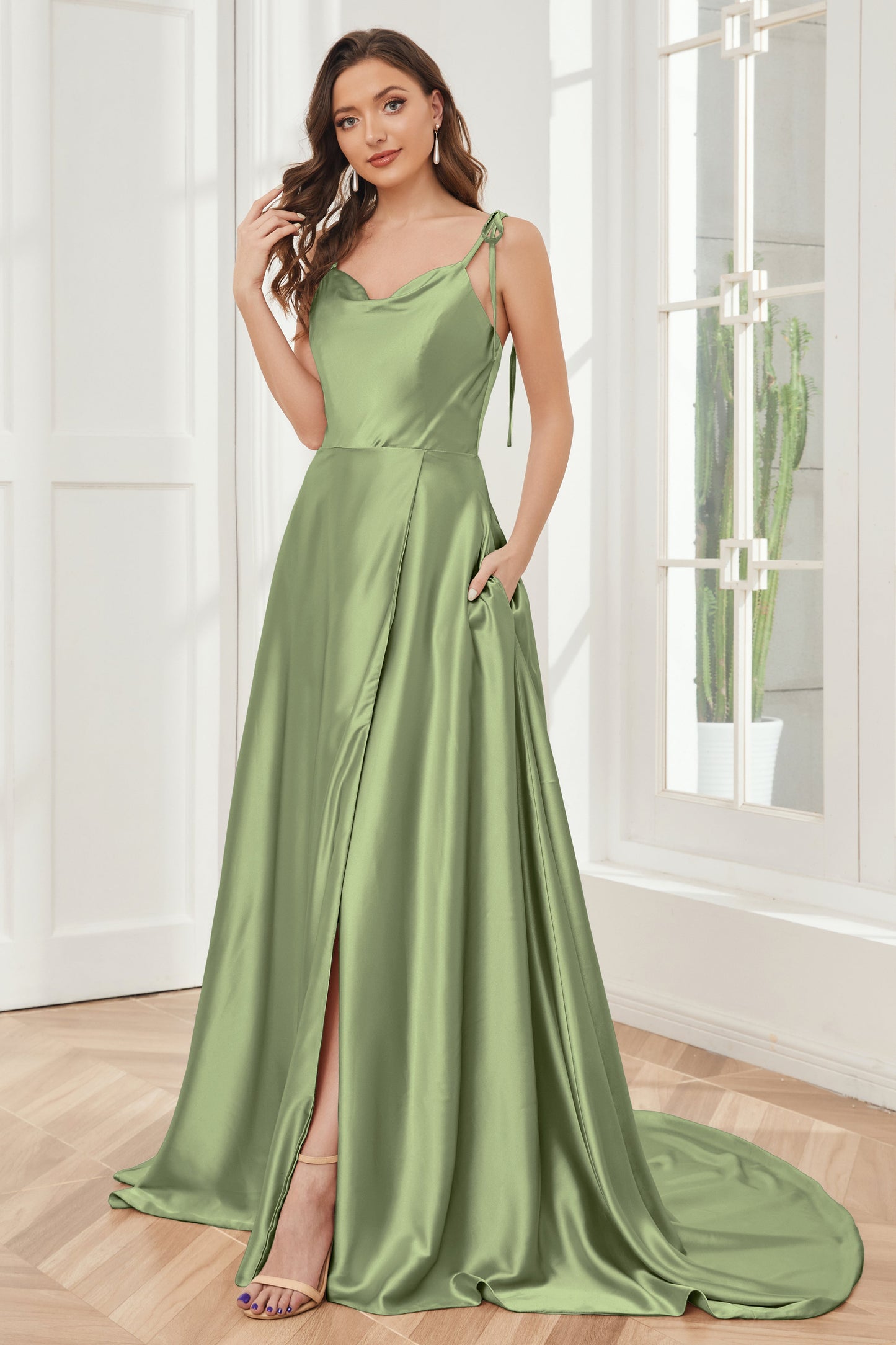 Spaghetti Straps Soft Satin Bridesmaid Dress with Train