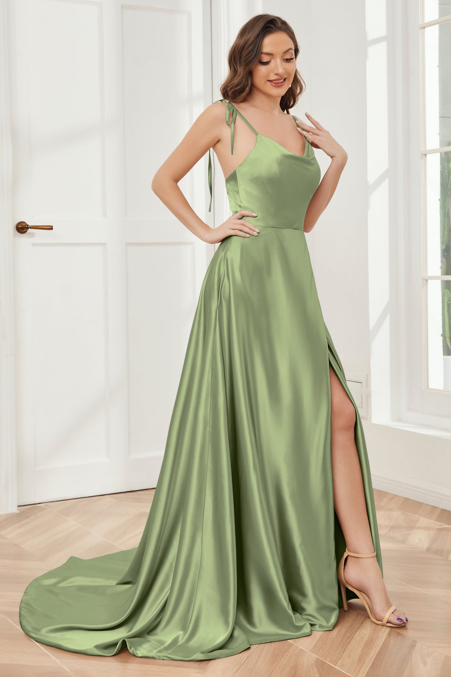 Spaghetti Straps Soft Satin Bridesmaid Dress with Train