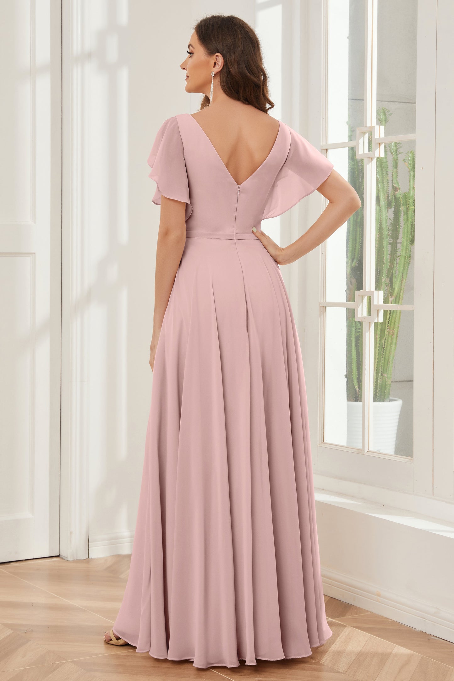 A-line V-neck Ruffle Sleeves Chiffon Bridesmaid Dresses