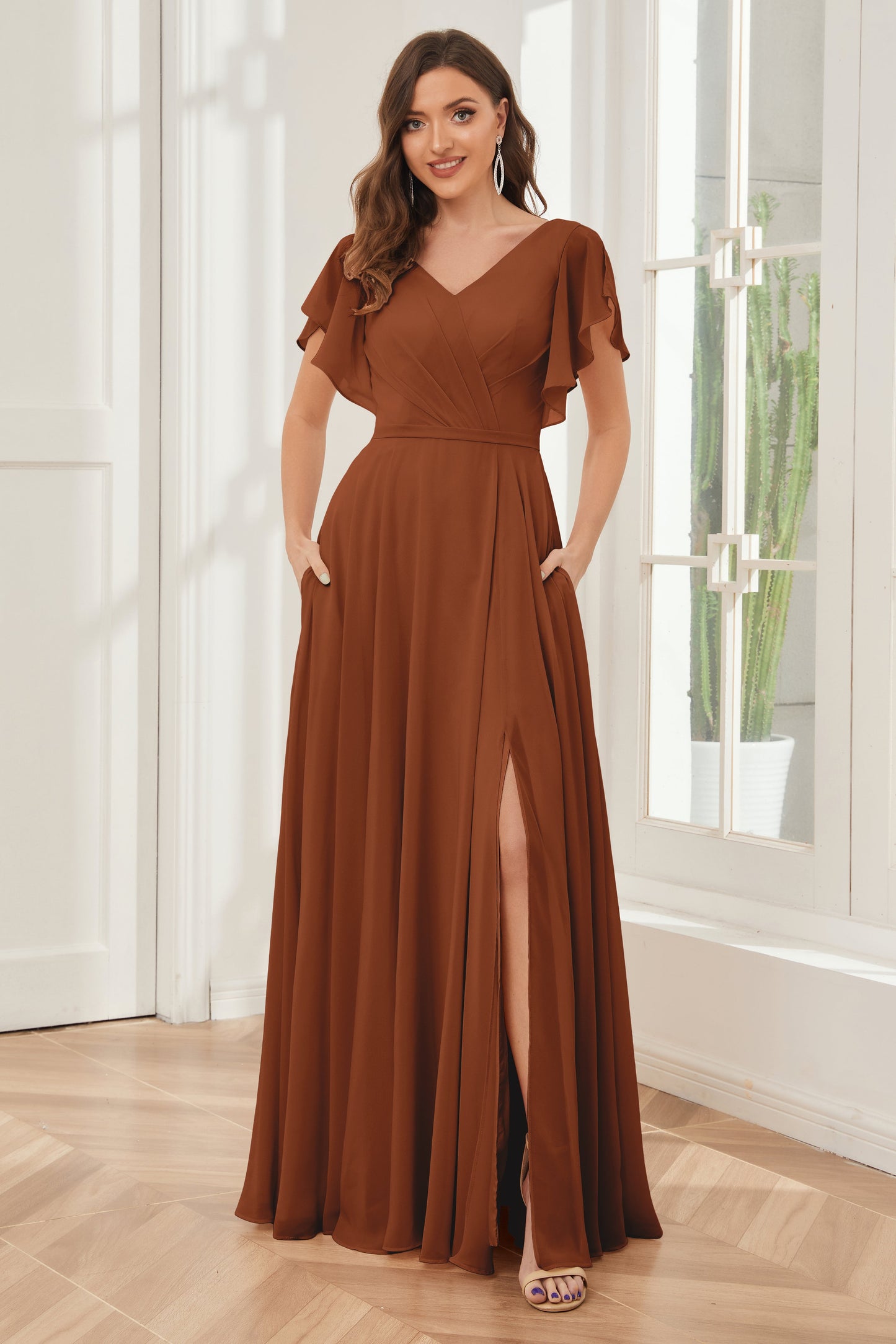 A-line V-neck Ruffle Sleeves Chiffon Bridesmaid Dresses