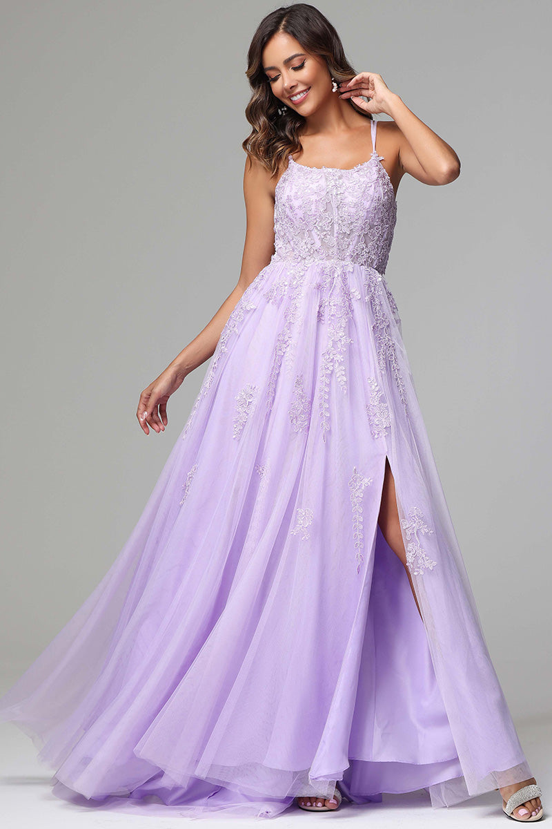 Lilac Spaghetti Straps Lace Appliques Long Prom Dress