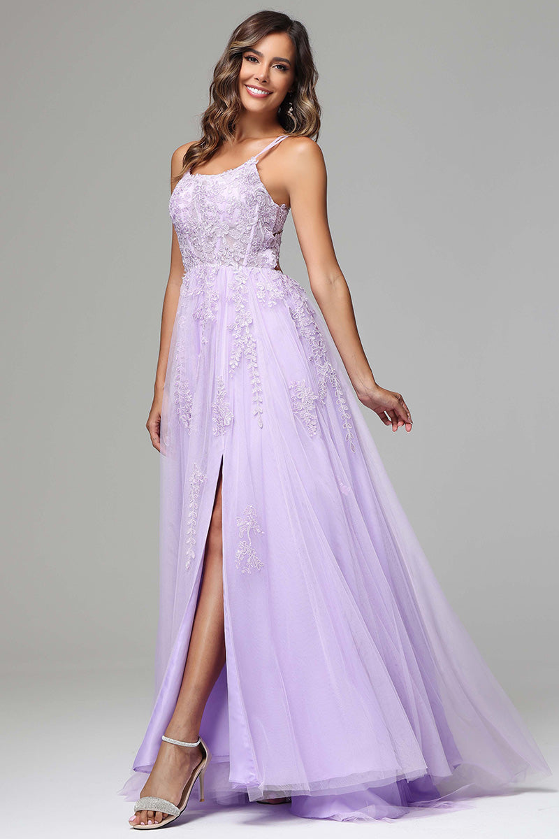 Lilac Spaghetti Straps Lace Appliques Long Prom Dress