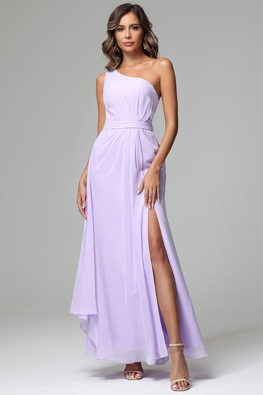 One Shoulder Chiffon Bridesmaid Dresses with Slit