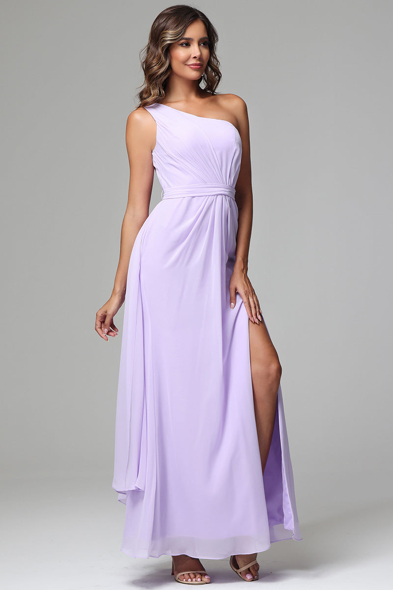 One Shoulder Chiffon Long Dresses with Slit for Wedding Guest