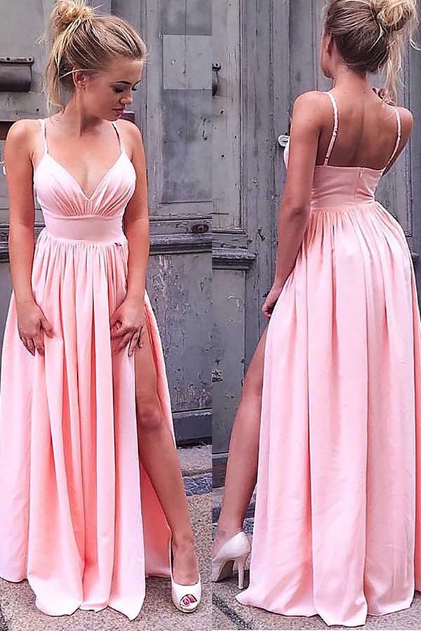 Simple Spaghetti Straps V Neck Floor Length Prom Dresses