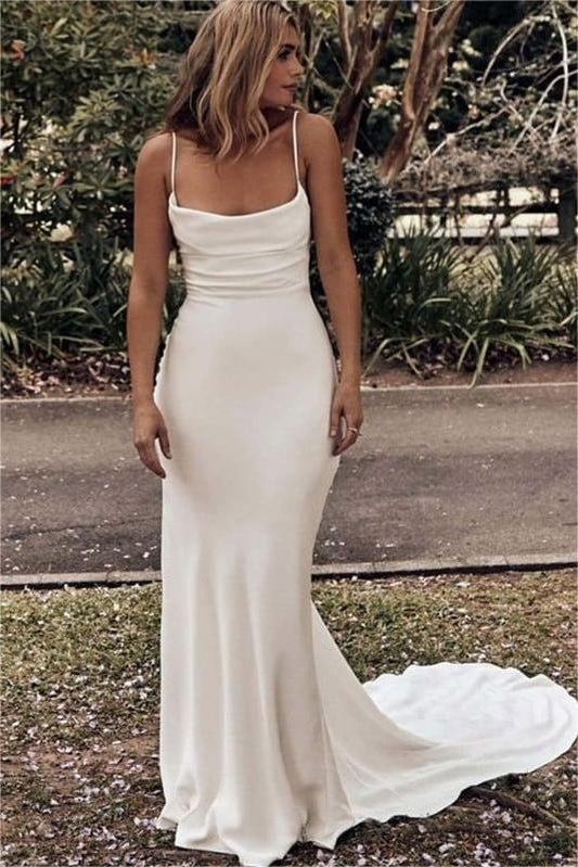 Simple Spaghetti Straps Sleeveless Satin Sweep Train Wedding Dresses