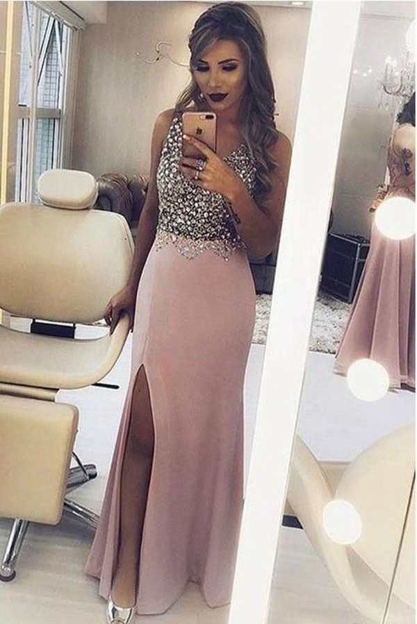 Sparkly Sleeveless V Neck Split Side Prom Dresses with Beading Long Party Dresses