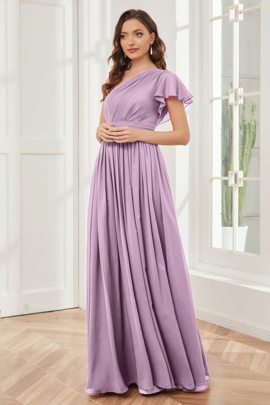 One Shoulder Chiffon Long Bridesmaid Dresses