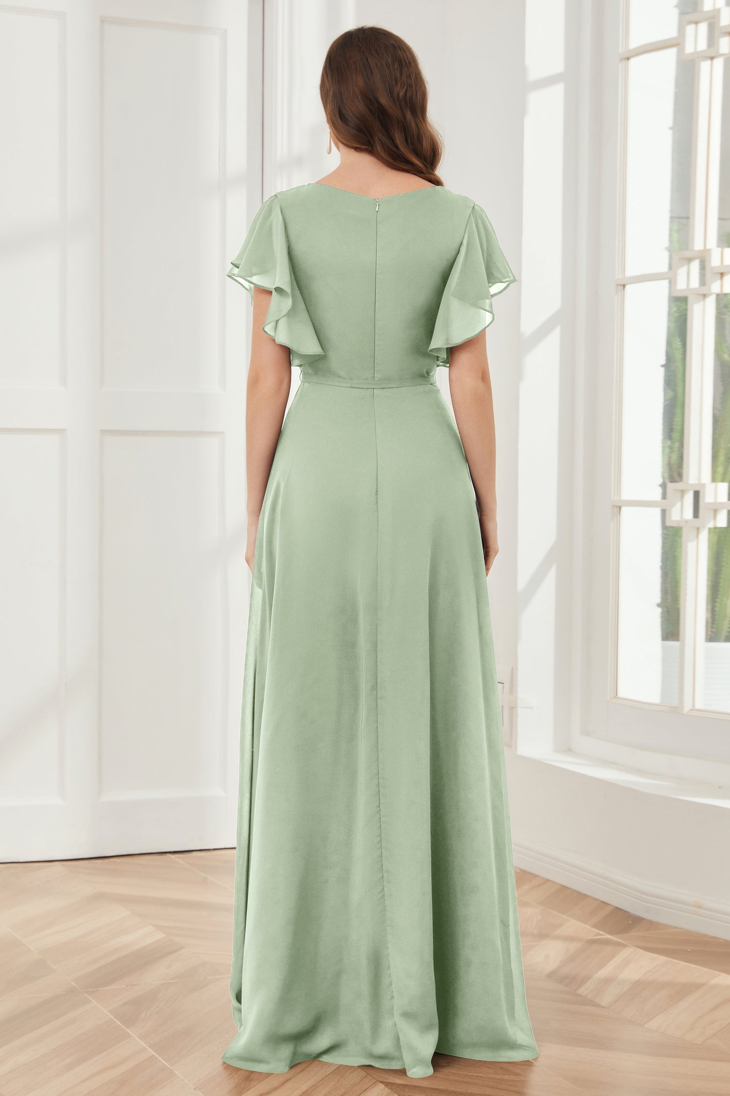 V-neck Ruffles Sleeves Chiffon Bridesmaid Dresses with Slit