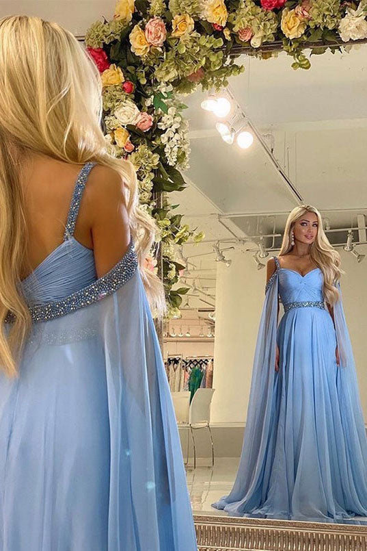 Sky Blue A Line Beading Evening Dresses Chiffon Long Prom Dresses