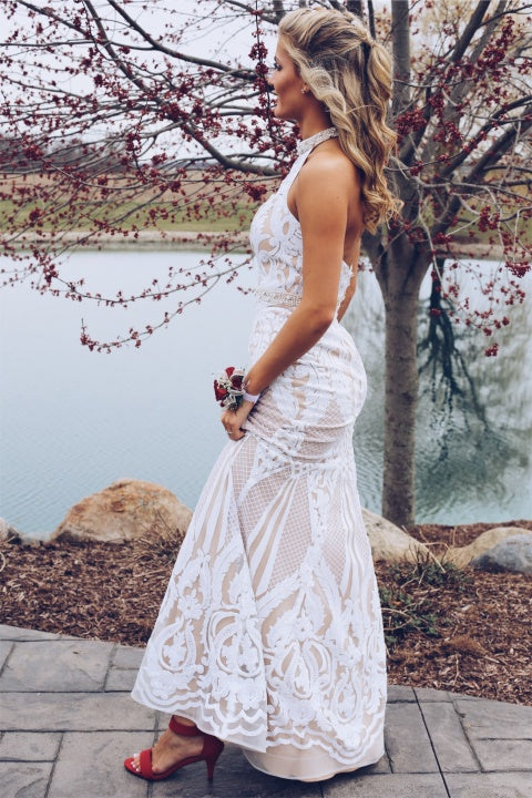 Chic Halter Sleeveless Open Back Mermaid Floor Length Prom Dresses