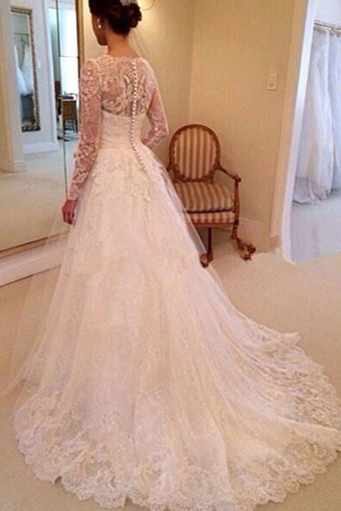 Charming Long Sleeves V Neck Sweep Train Wedding Dresses Lace Appliques